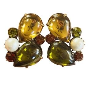 W. Germany Earrings VTG Signed Pearl Glass Cabochon Crystal regal Clip jeweled